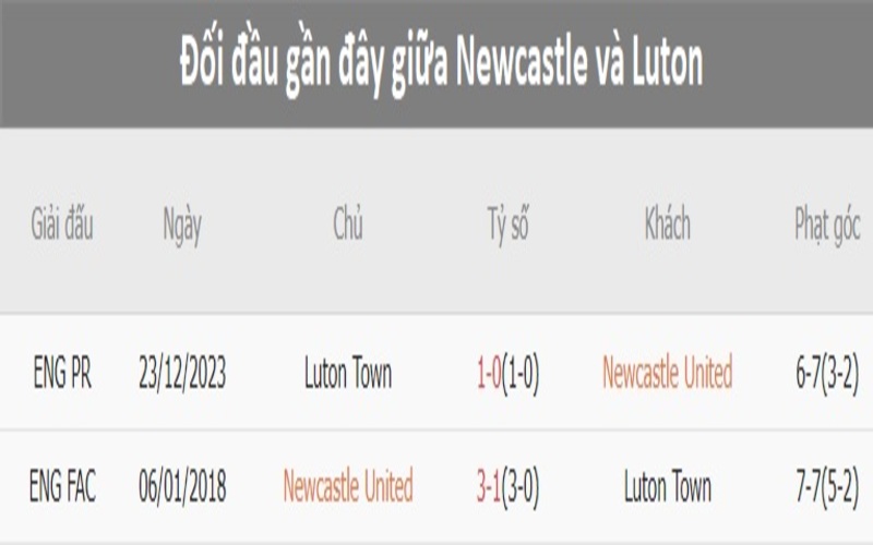 Lịch sử đối đầu Newcastle United vs Luton Town                                                          